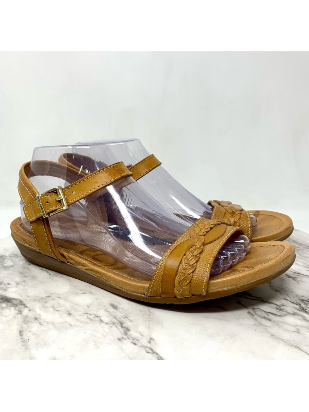 Nurtue Marrlowe Tan Leather Braid Ankle Strap Open Toe Flat Sandals 9.5 Classic
